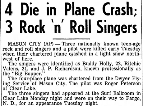 AP story excerpt in the Carrol (Iowa) Daily Times Herald, February 3, 1959