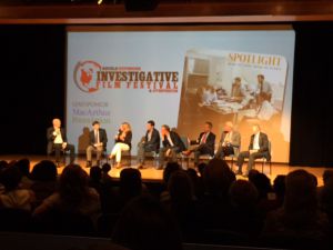 From left are moderator David Simon, Michael Rezendes, Sacha Pfeiffer, Josh Singer, Tom McCarthy, Ben Bradlee Jr., Walter "Robby" Robinson and Martin Baron. (Photo by Roy J. Harris Jr.)