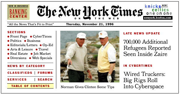 NYTimes.com on Nov. 21, 1996. The site officially launched that January. (Image from A History of NYTimes.com)