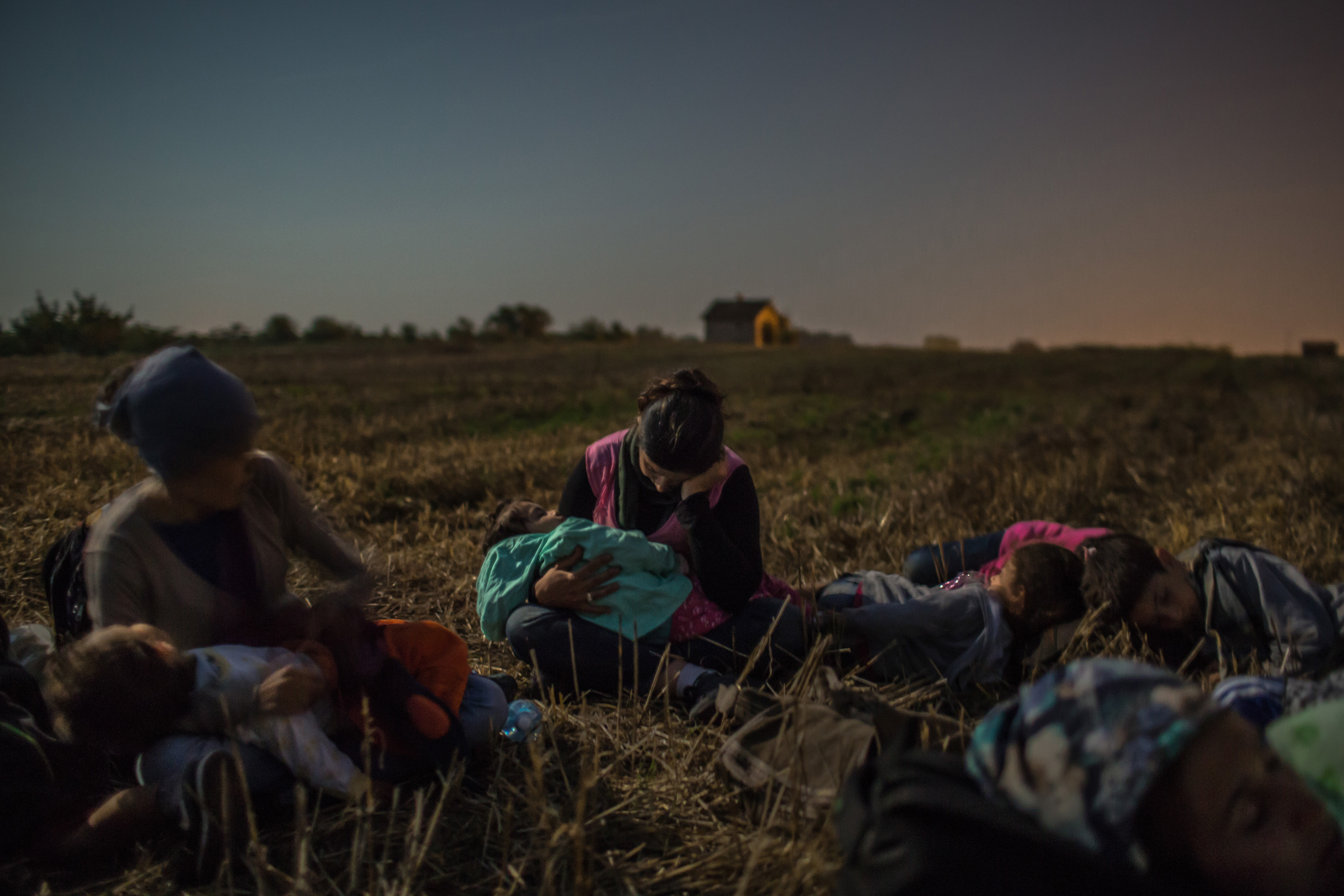 August 31, 2015. Members of the Majid family sleep with their children in their arms in a wheat field as they wait to cross the barbed wire fence at Horgos, Serbia, into Hungary. (Photo by Mauricio Lima, New York Times)