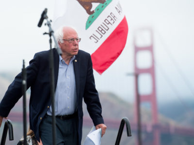 Democratic presidential candidate Sen. Bernie Sanders, I-Vt., arrives at a campaign rally on Monday, June 6, 2016, in San Francisco. (AP Photo by Noah Berger)