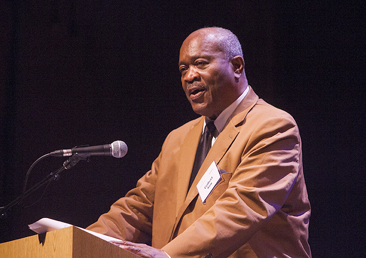 Colbert I. King spoke with his son at the Pulitzer Prize Centennial celebration  in St. Petersburg, Florida on Thursday, March 31, 2016. (Photo by Octavio Jones)