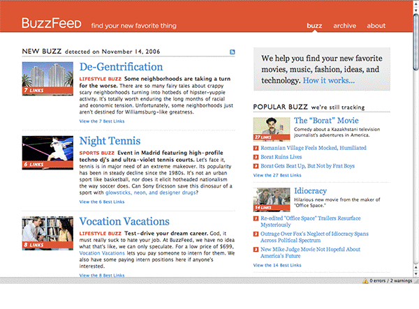 The evolution of BuzzFeed's homepage, from 2006 to today.