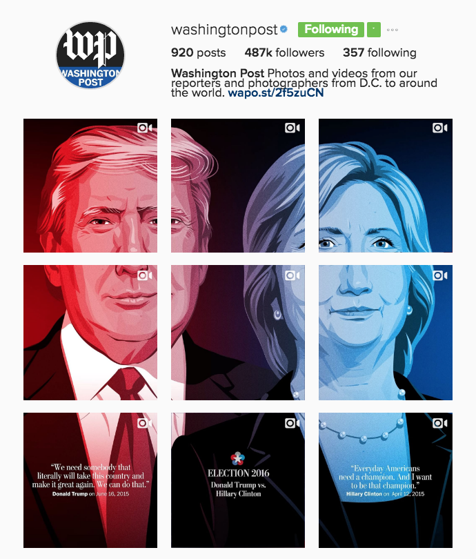 Each side of The Washington Post's Instagram landing page have standout moments from the two candidates. The center has moments when they've come together. (Screen shot)