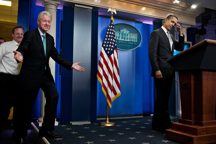 President Obama and former President Clinton speak to reporters in the briefing room of the White House, in Washington, Friday, Dec. 10, 2010.  (Drew Angerer/ The New York Times)