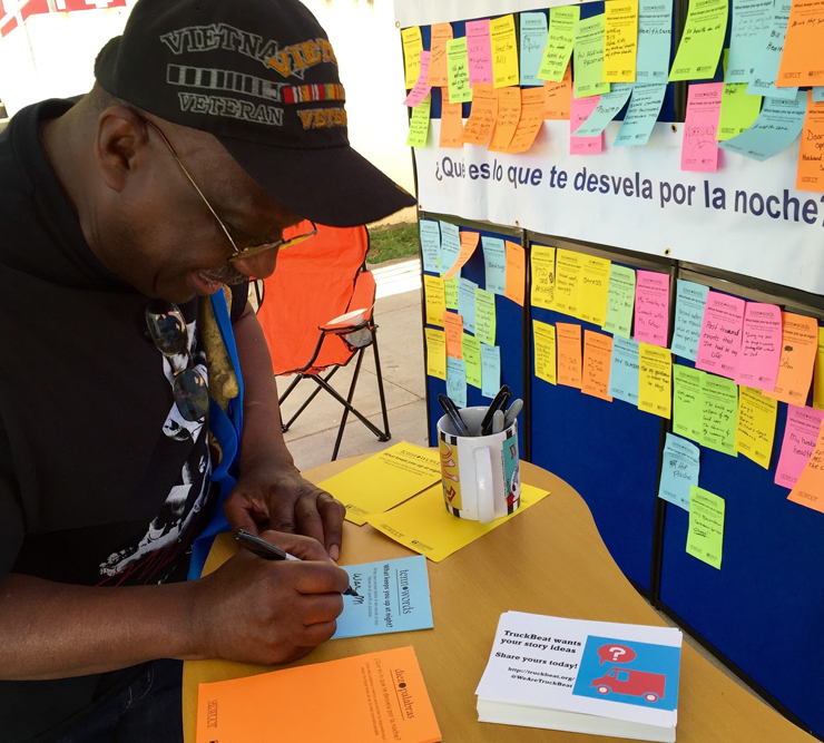 A Vietnam veteran fills out a Tenn Words post-it with a response to the question: What keeps you up at night? (Courtesy of Powell)