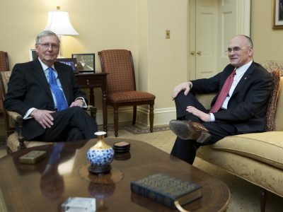 In this Jan. 5, 2017 photo, Senate Majority Leader Mitch McConnell meets Labor Secretary-designate Andy Puzder in his office on Capitol Hill in Washington. (AP Photo/Manuel Balce Ceneta)