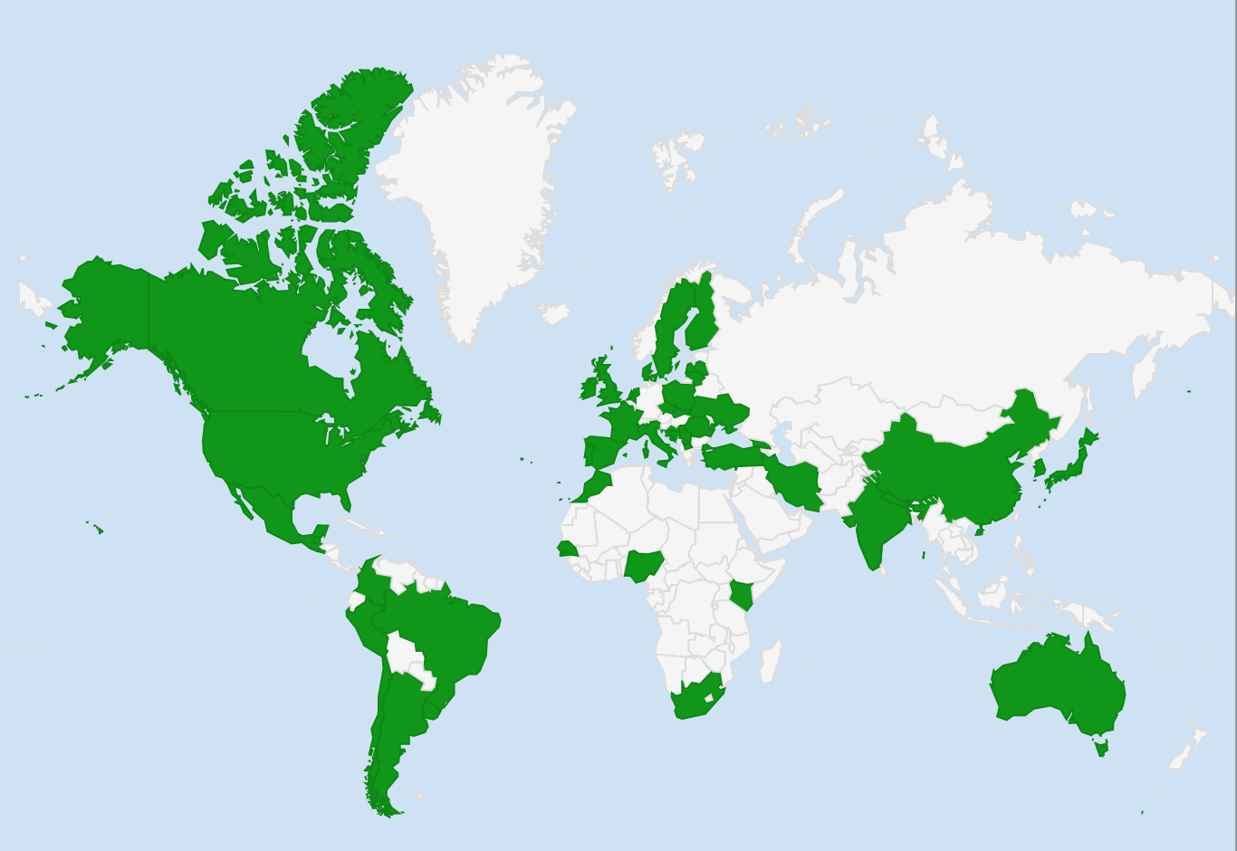 Countries shaded in green have at least one active dedicated fact-checking initiative (Data from Duke Reporters' Lab)