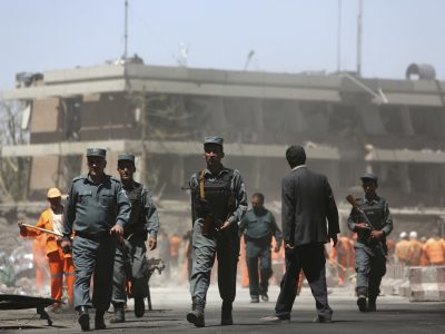 Security forces inspect the site of a suicide attack in front of German Embassy in Kabul, Afghanistan, Wednesday, May 31, 2017. (AP Photos/Rahmat Gul)