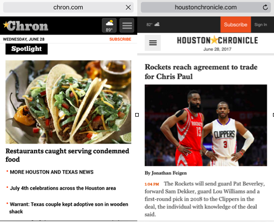 The mobile sites of Chron.com left, and HoustonChronicle.com, right, at the same time on Wednesday, June 28, 2017. 