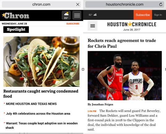 The mobile sites of Chron.com left, and HoustonChronicle.com, right, at the same time on Wednesday, June 28, 2017.