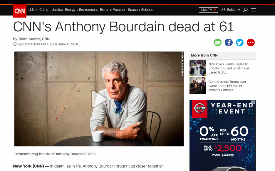 CNN's story about the death of food personality Anthony Bourdain was the most-read story of 2018, according to Chartbeat analytics. (Screenshot)