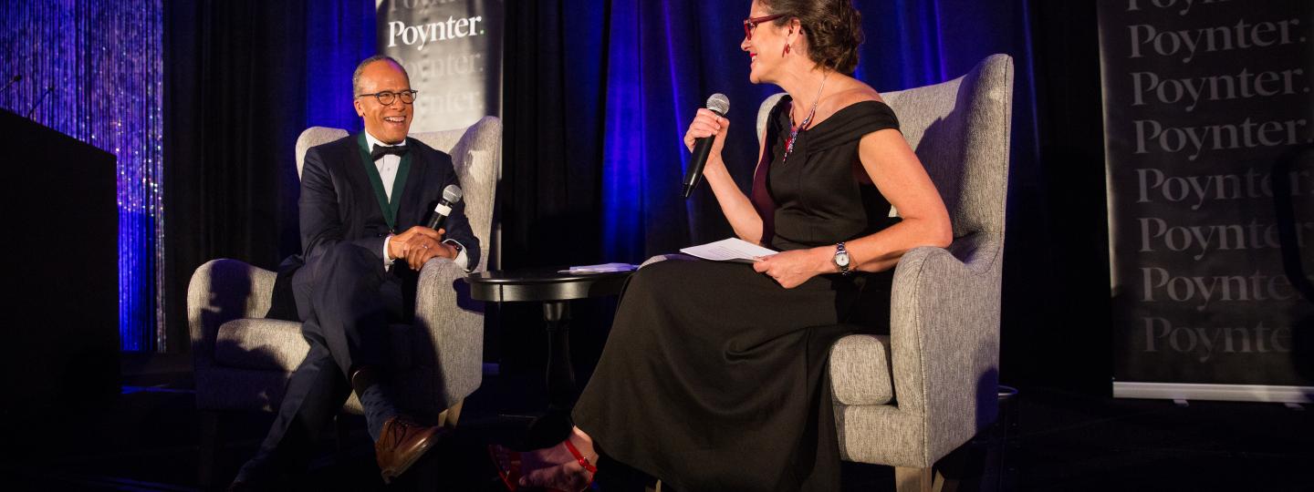 “NBC Nightly News” anchor Lester Holt is interviewed by Poynter senior vice president Kelly McBride on Saturday night at the annual Bowtie Ball, held at the Tradewinds resort in St. Pete Beach. (Photo by Chris Zuppa)