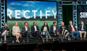 Clayne Crawford, from left, Adelaide Clemens, Aden Young, Ray McKinnon, Abigail Spencer, Luke Kirby, J. Smith-Cameron, Bruce McKinnon, and Jake Austin Walker, participate in the "Rectify" panel during the AMC Networks Television Critics Association summer press tour on Sunday, July 31, 2016, in Beverly Hills, Calif. (Photo by Willy Sanjuan/Invision/AP)