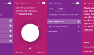 Screenshots from Tune, a Chrome plugin from Jigsaw that filters out toxic comments (Ren LaForme)