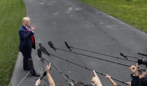 President Donald Trump meeting with the media outside the White House in June. (AP Photo/Jacquelyn Martin)