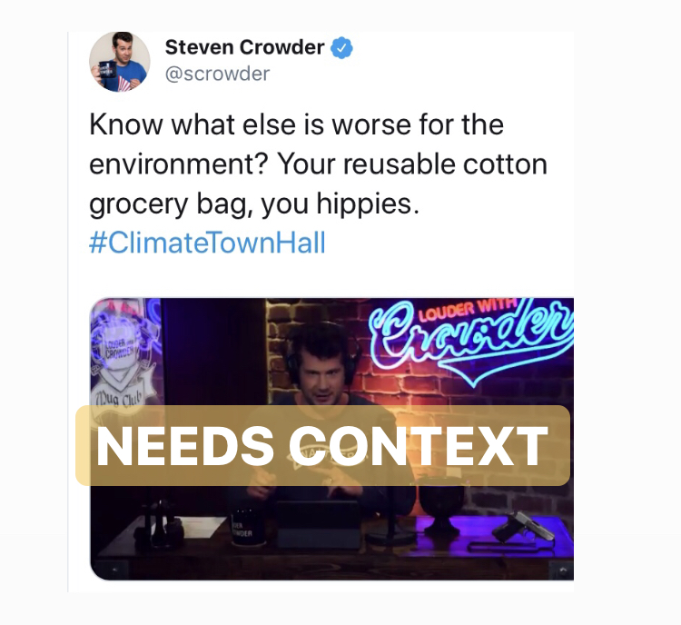 Tweet from Steven Crowder about cotton tote bags being bad for the environment.