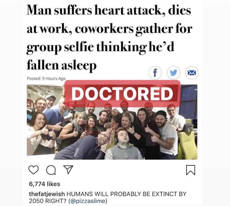 An image seems to show a Los Angeles Times story about office employees taking a selfie with a dead corowkrer. But there's much more to the story.