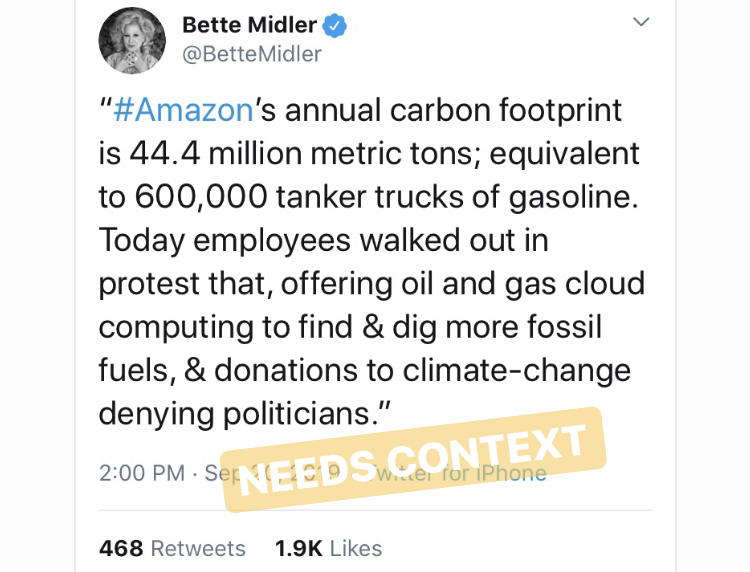 bette Midler tweet about Amazon's carbon footprint being huge