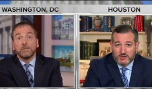 “Meet the Press” moderator Chuck Todd (left) at the exact moment Sen. Ted Cruz tells him he believes Ukraine meddled in the 2016 election. (Photo courtesy of NBC News)