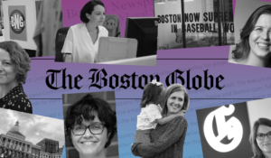 Six women — Meghan Barr, Shira Toeplitz Center, Maria Cramer, Katie Johnston, Victoria (Vicki) McGrane and Janelle Nanos — formed a committee in August 2017 to increase paid family leave at The Boston Globe. (Image by Sara O'Brien)