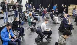 Journalists practice social distancing during a news conference with New York Gov. Andrew Cuomo this week. (AP Photo/John Minchillo)