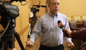 Kansas House Minority Leader Tom Sawyer, D-Wichita, speaks with reporters about coronavirus stay-at-home order in that state. (AP Photo/John Hanna)