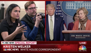 NBC’s Kristen Welker, left, asking questions at Tuesday’s White House news conference on coronavirus. (NBC News)