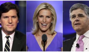 Fox News primetime hosts, from left to right, Tucker Carlson, Laura Ingraham and Sean Hannity. (AP Photo)