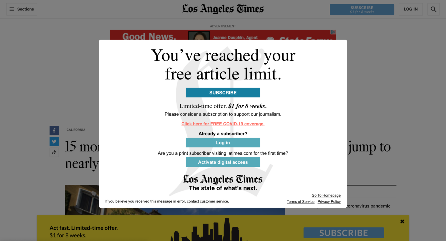 A screenshot of the paywall over an article about the coronavirus on the Los Angeles Times website on Sunday, April 5, 2020.