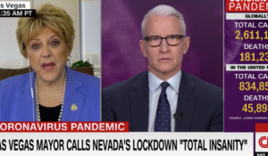 CNN’s Anderson Cooper, right, interviews Las Vegas mayor Carolyn Goodman on Wednesday. (Courtesy: CNN)