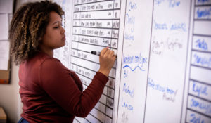 University of South Carolina senior Jesikah Lawrence drafts the day’s budget on a whiteboard during a journalism capstone class, a Monday-Friday newsroom in which students produce content for a website and a daily news broadcast. Faculty are employing a similar concept for students over the summer. (Photo by Kim Truett/University of South Carolina)