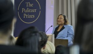 Dana Canedy, administrator of The Pulitzer Prizes, announcing Pulitzer winners in 2019 (AP Photo/Bebeto Matthews)