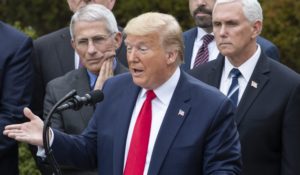 President Donald Trump, alongside Dr. Anthony Fauci and Vice President Mike Pence, at a coronavirus press conference in March. (Alex Brandon/AP)