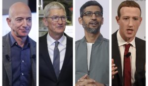 Amazon CEO Jeff Bezos, Apple CEO Tim Cook, Google CEO Sundar Pichai and Facebook CEO Mark Zuckerberg. (AP Photo/Pablo Martinez Monsivais, Evan Vucci, Jeff Chiu, Jens Meyer)