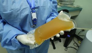 A doctor holds a donation of convalescent plasma from a recovered COVID-19 patient at the Arnulfo Arias Madrid Hospital, in Panama City. (AP Photo/Arnulfo Franco)