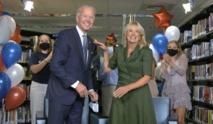 Democratic presidential candidate Joe Biden, his wife Dr. Jill Biden, and members of the Biden family celebrate after the roll call vote during the second night of the Democratic National Convention on Tuesday. (Democratic National Convention via AP)