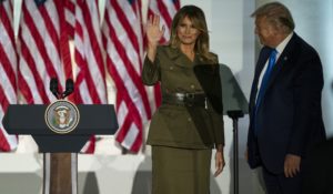 President Donald Trump joins first lady Melania Trump on stage after her speech at the Republican National Convention on Tuesday night. (AP Photo/Evan Vucci)