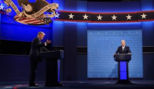 President Donald Trump and former vice president Joe Biden in the first presidential debate. (AP Photo/Julio Cortez)