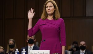 Supreme Court nominee Amy Coney Barrett is sworn in during a confirmation hearing before the Senate Judiciary Committee on Monday. (AP Photo/Patrick Semansky, Pool)