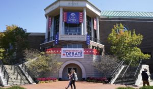 The Curb Event Center at Belmont University in Nashville is decorated for Thursday’s presidential debate. (AP Photo/Mark Humphrey)