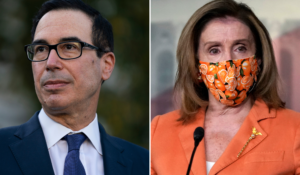 Treasury Secretary Steven Mnuchin (left) and Speaker of the House Nancy Pelosi (right) met for 45 minutes Tuesday and made "good progress," White House chief of staff Mark Meadows said. (AP Photos/Evan Vucci, J. Scott Applewhite)