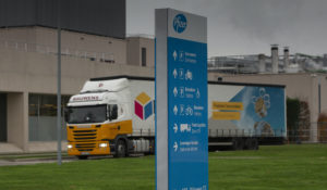 A truck leaves Pfizer Manufacturing in Puurs, Belgium, on Wednesday, Dec. 2, 2020. (AP Photo/Virginia Mayo)