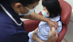 Nurses at the Royal Free Hospital, London, simulate the administration of the Pfizer vaccine to support staff training ahead of the rollout. (Yui Mok/PA Wire)