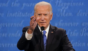 Now-President Joe Biden gestures while speaking during the second and final presidential debate of the 2020 election on Oct. 22, 2020. (AP Photo/Julio Cortez)