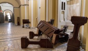Damage is visible in the hallways after rioters stormed the Capitol in Washington. (AP Photo/Andrew Harnik)