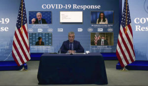Members of the White House coronavirus response team appear on screen during a White House briefing on the Biden administration's response to the COVID-19 pandemic Wednesday, Jan. 27, 2021, in Washington. (White House via AP)