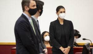 Des Moines Register reporter Andrea Sahouri reacts in court on Wednesday. (Photo: Kelsey Kremer/Des Moines Register)