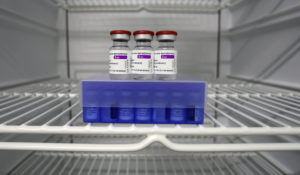 The AstraZeneca vaccine in a fridge at the vaccine center in Ebersberg near Munich, Germany. (AP Photo/Matthias Schrader, File)