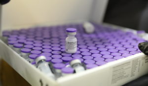 A box containing vials of the Pfizer-BioNtech vaccines in a cold storage warehouse in Istanbul, Monday, March 29, 2021 
(Turkish Health Ministry via AP)